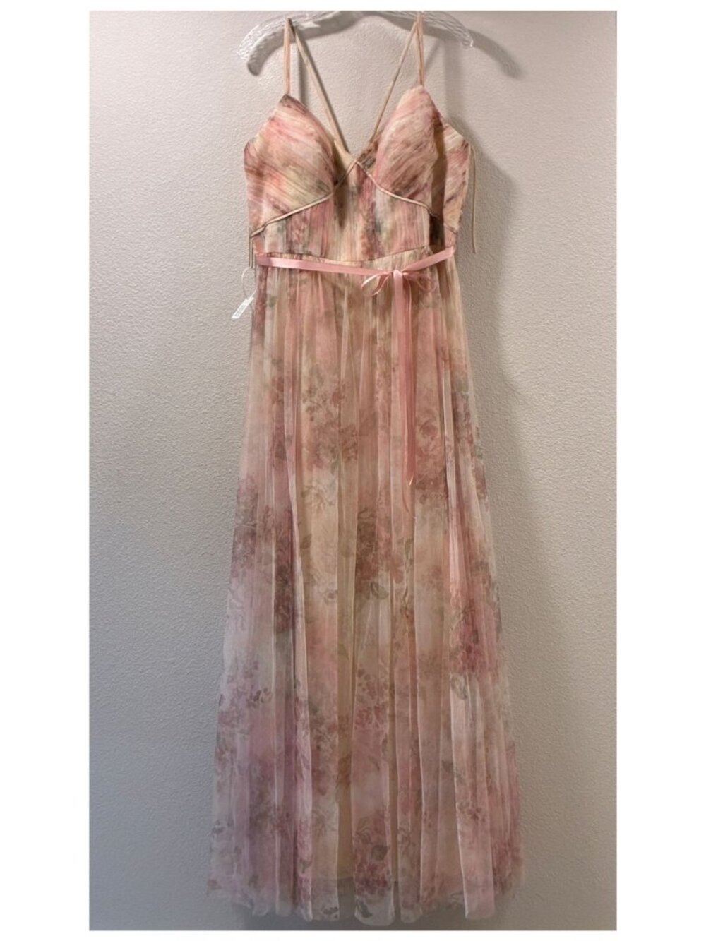 Marchesa Notte Bridesmaid Pink Floral Pleated Tulle Sleeveless Maxi Dress 18 NWT